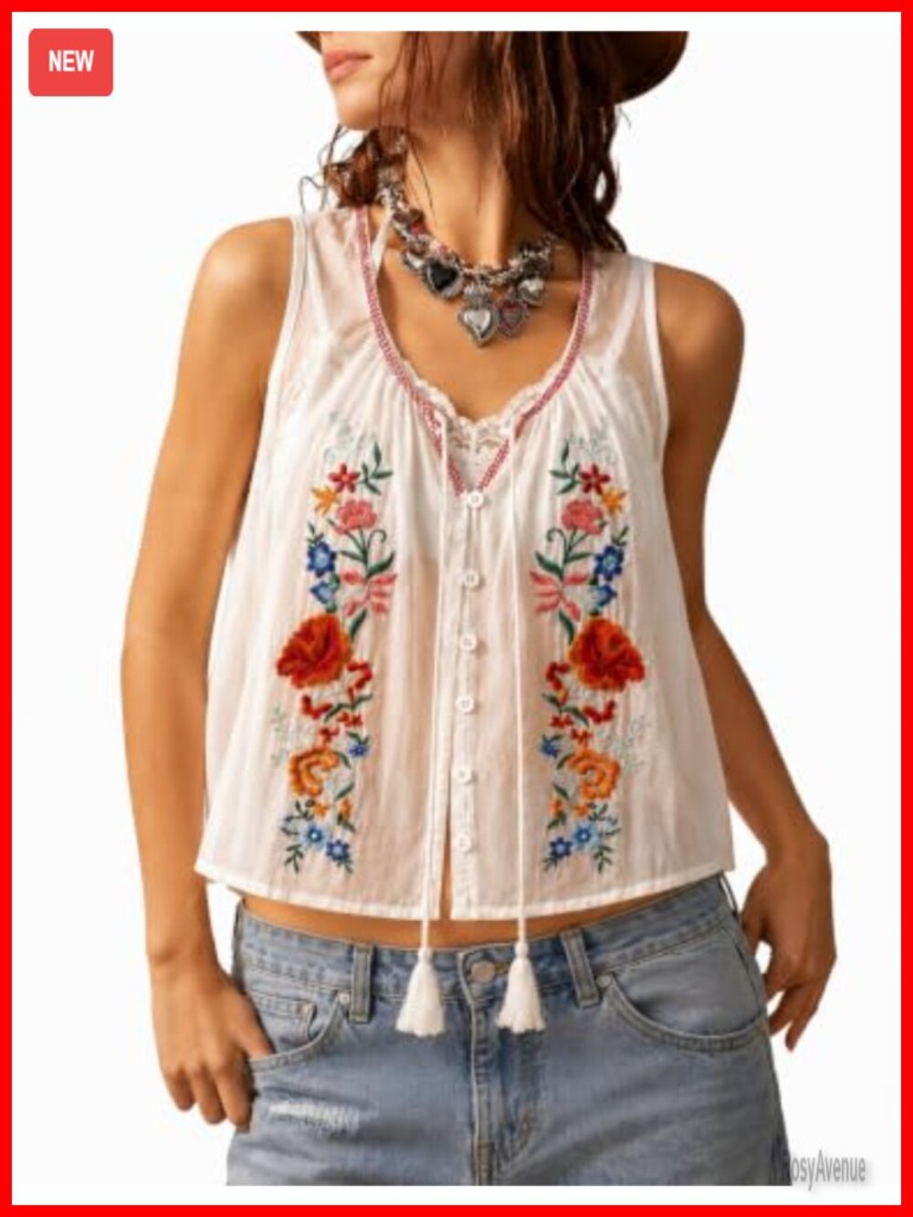 Women's Floral Embroidered Tie Front Crop Tank Top Boho Summer Sleeveless Blouse